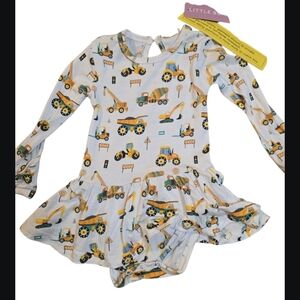 Little Bum Bums 3-6 M Construction Trucks Bamboo Long Sleeve Romper Dress NWT